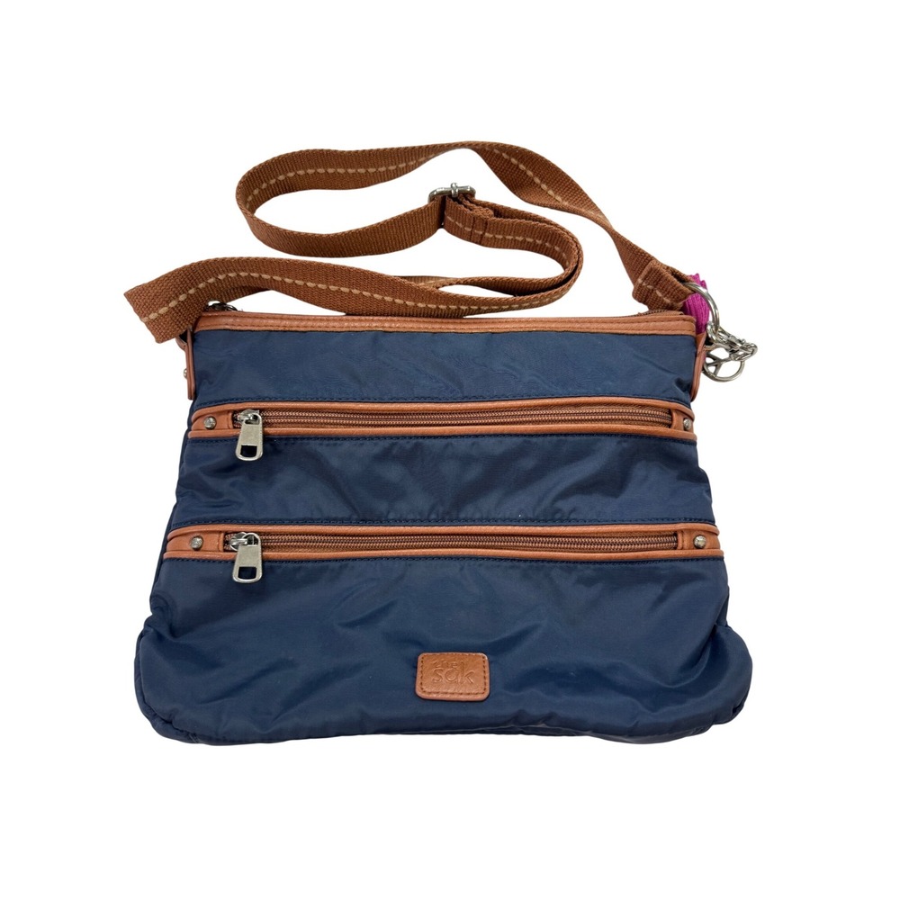 The Sak Crossbody Bag‎ Women Navy Blue Excellent Nylon Triple Zip Peace Charm